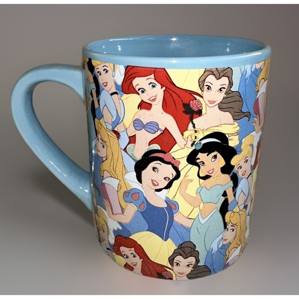 Disney Princesses Ceramic Mug Blue Background Coffee Cup 14oz Ariel Jasmine